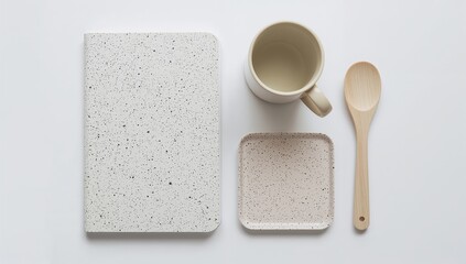 Minimalist flat lay of coffee cup notebook coaster and wooden spoon on white surface