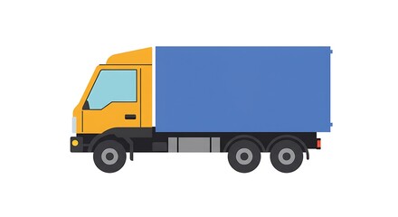 Flat design illustration of a commercial delivery truck, featuring a yellow cab and a blue cargo box, symbolizing logistics, shipping, and freight transportation services