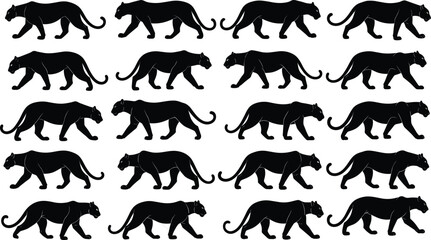 Seamless pattern of black panther silhouettes in walking pose, elegant wildlife animal design, repetitive vector art for decorative nature themes