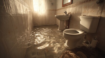 Beautiful photo of bathroom Plumbing Emergency: Overflowing Toilet and Sink - A flooded bathroom with overflowing toilet and sink, showing water damage on the floor. Needs urgent.