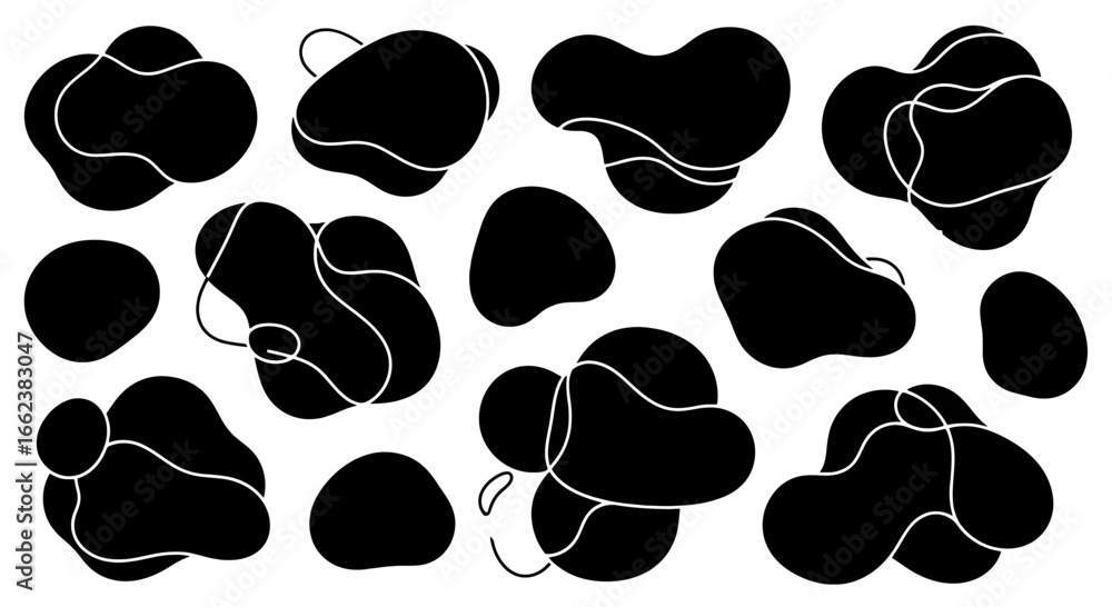 Aufkleber collection of abstract black fluid shapes with white outlines for modern design projects and creativ