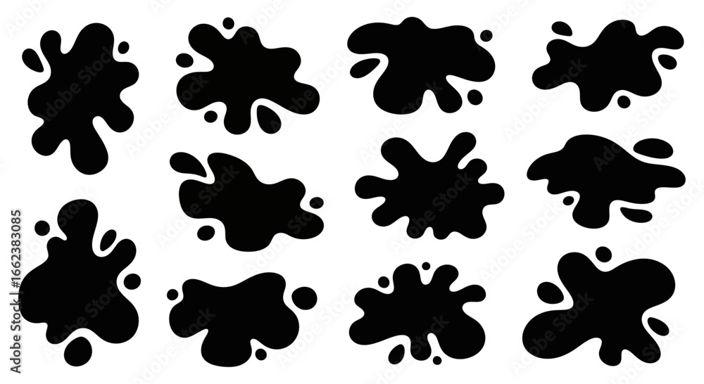 Aufkleber collection of black ink splatters and blobs for creative design elements and artistic effects in gra