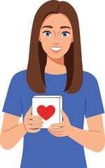Woman holding card with red heart symbol smiling wearing blue shirt vector illustration of friendly person