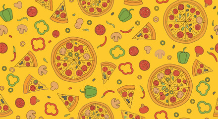 Playful Pizza Pattern on Yellow Backdrop, Ideal for Food Packaging, Restaurant Menus, and Themed Party Decorations, Engaging Visual for Culinary Arts