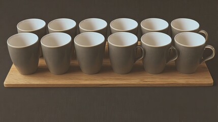 Twelve empty, muted grey ceramic mugs with white interiors arranged neatly on a light brown rectangular wooden serving tray against a dark background