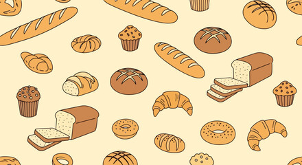 Delightful Bakery Pattern Featuring Assorted Breads, Croissants, and Muffins, Ideal for Food Blogs, Restaurant Menus, or Packaging Design for Baked Goods