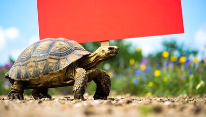 Tortoise carrying a red sign on a dirt path