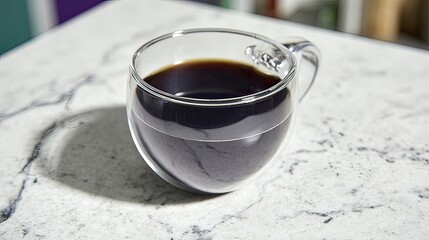 A double-walled glass mug filled with dark coffee sits on a marble surface, illuminated by soft light, casting a shadow.  The clear glass reveals the rich, dark brew inside