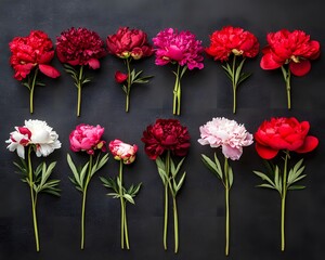 Elegant Red Pink White Peonies Flowers Flatlay Photography