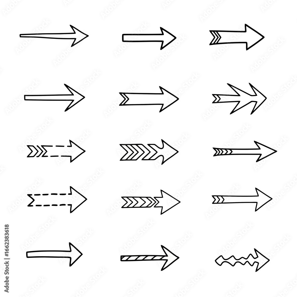 Aufkleber set of hand-drawn arrow illustrations in black and white for website design, presentations, and crea