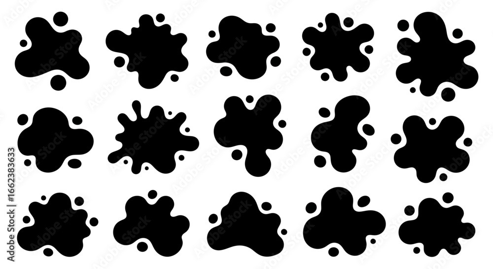 Poster collection of black ink splatters and blotches for artistic design projects, ideal for adding a raw 
