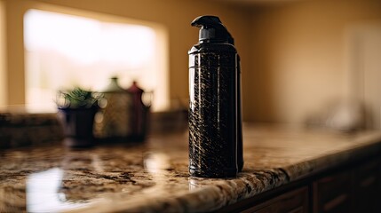 A dark-colored, cylindrical bottle with a pump dispenser sits on a speckled granite countertop, blurred background suggesting a kitchen setting