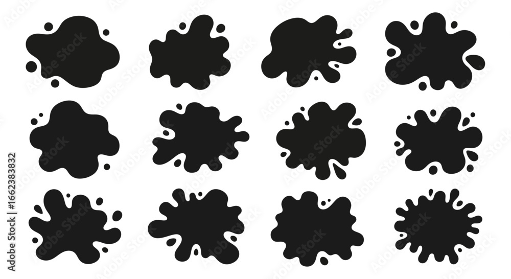 Poster collection of black ink splatters and blobs for creative design projects, ideal for graphic design, 