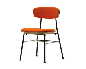 Orange fabric dining chair with black metal legs.