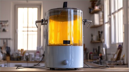 A light-blue cylindrical home appliance with a transparent, illuminated amber liquid interior, featuring two metallic taps, sits on a wooden countertop in a bright kitchen