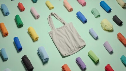 A light grey tote bag sits centrally on a mint green background, surrounded by numerous tightly rolled, colorful fabric bundles arranged in a grid pattern