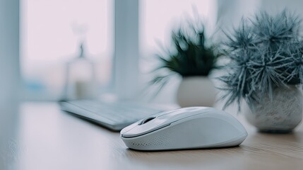 A white wireless computer mouse rests on a light wood desk beside a keyboard and two small potted plants, suggesting a minimalist workspace near a bright window