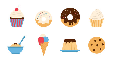 Colorful Dessert Icon Collection Featuring Cupcakes, Donuts, Ice Cream, and Pudding for Menu Design and Confectionery Illustration