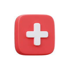 Fototapeta premium A vibrant, three-dimensional illustration showcases a bright red square with rounded corners, featuring a prominent white cross symbol at its center, suggesting addition.