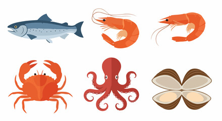 Seafood Illustration Set Featuring Salmon, Shrimp, Crab, Octopus, and Clams. Ideal for culinary arts, seafood restaurants, or educational resources.