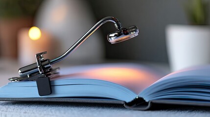 A small, chrome book light clipped to an open book illuminates the page with a warm, orange glow; a blurred background suggests a relaxing, intimate setting