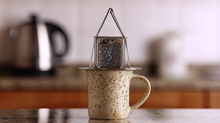 A stainless steel tea infuser, pyramid-shaped frame, sits atop a speckled beige mug on a dark countertop; blurred kitchen background