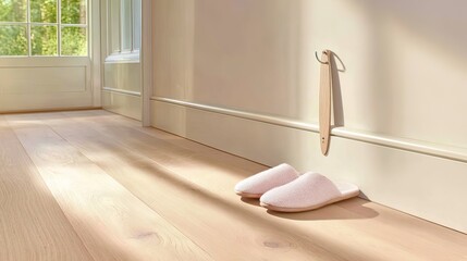 Sunlight streams into a hallway with light-colored hardwood floors, illuminating a pair of pale pink slippers near a wall-mounted wooden shoehorn.  White baseboards and a window are visible