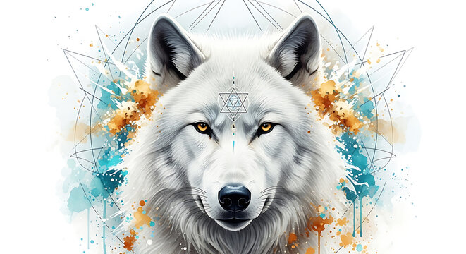 Serene white wolf spirit with geometric art and watercolor textures design