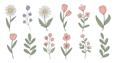 Delicate Botanical Illustration Set Featuring Assorted Hand-Drawn Flowers and Greenery, Ideal for Spring-Themed Designs, Wedding Invitations and Nature-Inspired Graphic Projects