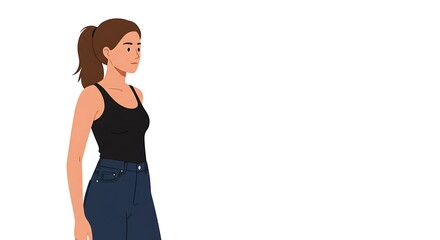 A young woman with brown hair in a ponytail, wearing a black tank top and blue jeans, looks to the side against a white background