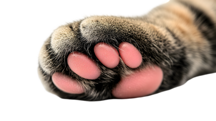 Close up view of a cat paw with pink toe beans on a black background showing fur and detail 100 char