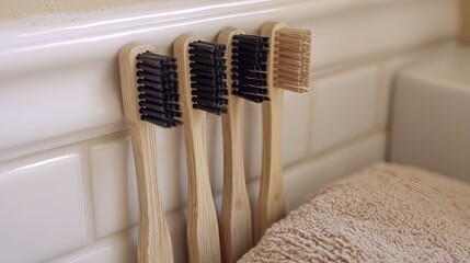 Four bamboo toothbrushes with black and natural bristles stand upright against a white tiled bathroom wall, next to a folded tan towel