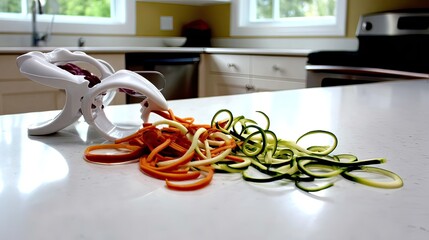 White spiralizer rests on a countertop, having just created a vibrant pile of spiraled zucchini, carrots, and purple cabbage.  The kitchen is softly blurred in the background