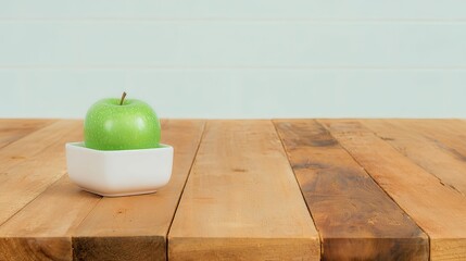 A single green apple sits in a small, white, square bowl atop a light brown wooden table against a pale, subtly textured background