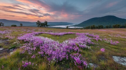 Fototapeta premium Purple Flowers in a Mountain Meadow at Dusk