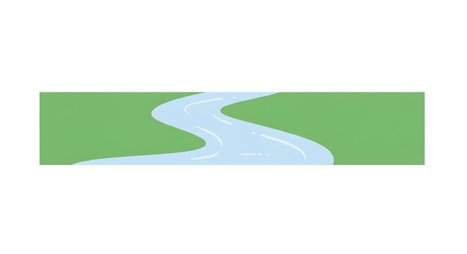 Minimalist vector illustration of a serene blue river winding its way through a vast green meadow, a simple concept of nature's path and journey