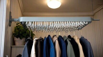 A light-grey, wall-mounted clothes drying rack with numerous small clips holds various coats and jackets below, in a closet setting
