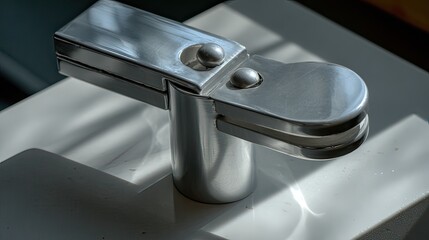 Close-up of a polished chrome faucet with a unique, angular design, mounted on a square white base, illuminated by sunlight casting shadows
