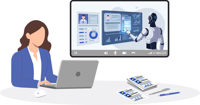 HR manager reviewing job applications on laptop while AI robot analyzes candidate profiles and data on virtual screen, concept of AI recruitment, HR technology, and future talent acquisition
