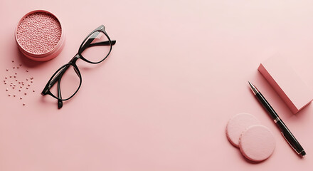 Elegant workspace with stylish glasses, notes, pen and decorative pink beads