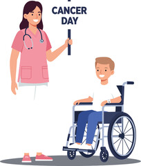 Nurse holding cancer day sign with happy boy in wheelchair awareness and support vector illustration