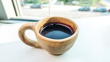 A small, rustic, tan ceramic cup filled with dark coffee sits on a white surface near a window with a blurred city street view