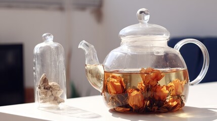 Sunlit glass teapot steeping dried orange roses, alongside a glass cloche containing additional dried botanicals on a white surface, with a blurred background