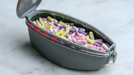 A gray, oblong pill dispenser with a hinged lid is overflowing with pastel-colored capsules.  Red lights are visible along its base. It rests on a marble surface