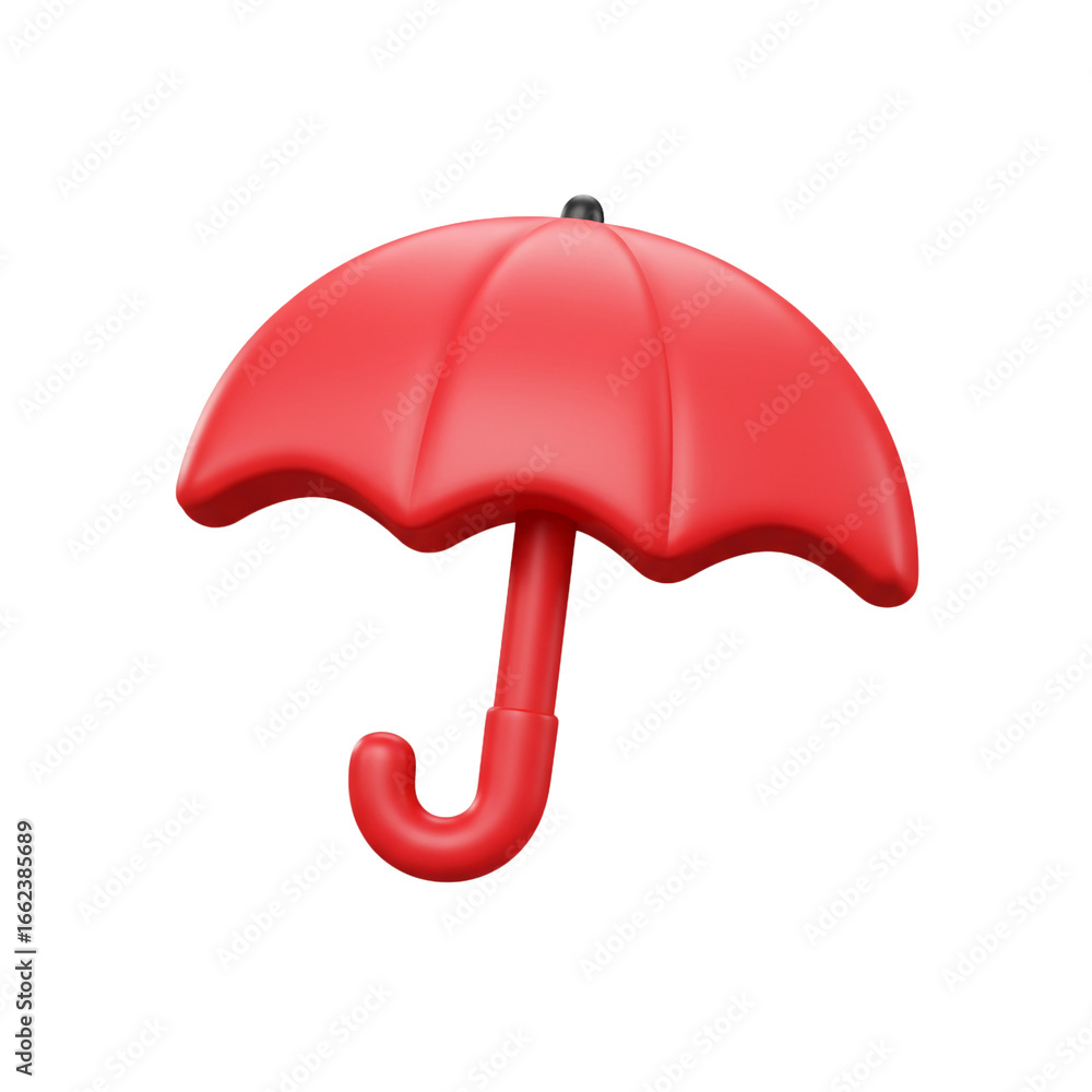 Poster a vibrant, three-dimensional rendering showcases a fully open, bright red umbrella, perfectly isolat