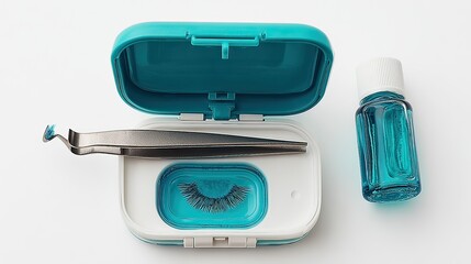 Teal case holds false eyelashes, tweezers, and adhesive.  The case is open, revealing a single pair of lashes resting on a light blue tray. A small bottle of clear blue liquid sits beside it