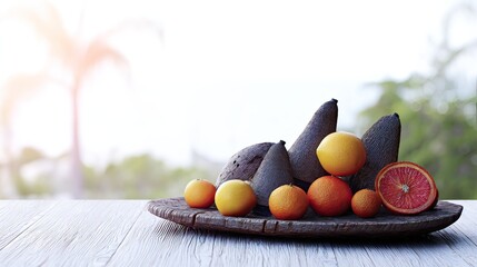 A rustic wooden bowl holds a vibrant assortment of pears, oranges, lemons, and a coconut, all resting on a light wood surface against a blurred tropical backdrop