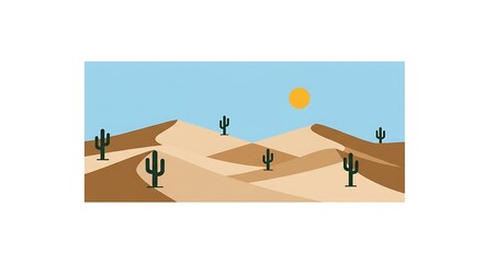 A minimalist vector illustration of a vast desert landscape featuring rolling sand dunes, saguaro cacti, and a bright sun, symbolizing heat, travel, and solitude