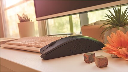 A sleek, dark-grey ergonomic mouse rests on a white desk beside a cream keyboard, potted succulents, and an orange flower; soft sunlight streams from a nearby window