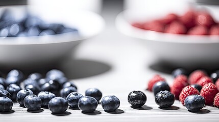 Close-up of blueberries and raspberries scattered on a light wood surface, with additional berries in shallow white bowls in soft focus in the background